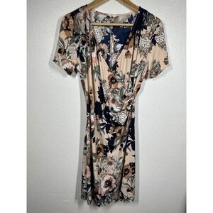 Les Amis Dress Womens Large Beige Navy Floral Wrap Surplice Short Sleeve Ruched